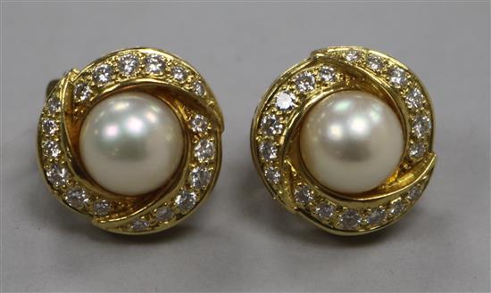 A pair of 18ct yellow gold, cultured pearl and diamond cluster earrings